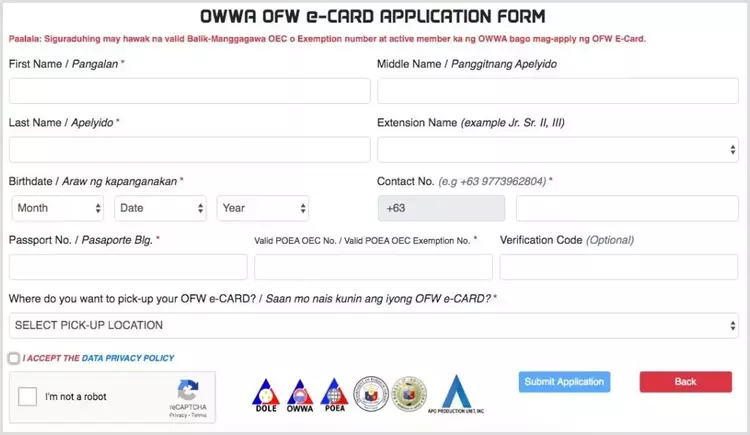 OFW e-card Application Form OWWA ID